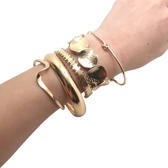 5pc Gold Tone Bracelet Set- Stackable Bangles & Cuffs Boho Chic Jewelry - Picture 2 of 5